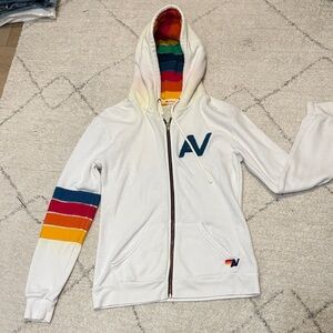 Aviator Nation Darking White Hoodie with Rainbow Stripes